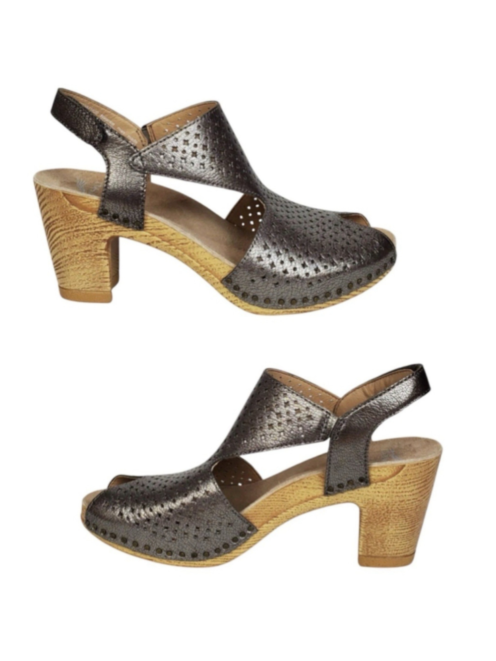 Dansko Teagan perforated leather block heel sandals 38/7.5-8 gunmetal metallic